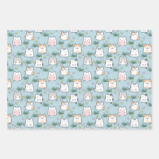 Feuille De Papier Cadeau Adorable Chat Aimer Bleu Thème (Devant)