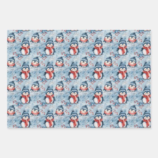 Feuille De Papier Cadeau Adorable Penguin d'hiver Motif avec Casquettes dou (Devant 3)