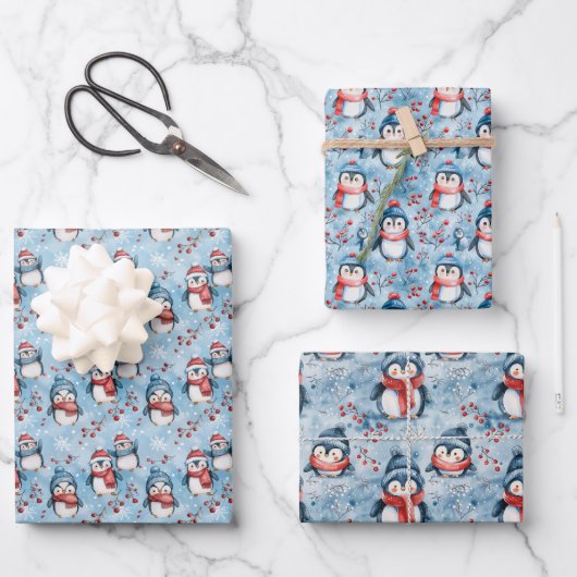 Feuille De Papier Cadeau Adorable Penguin d'hiver Motif avec Casquettes dou (Recto)