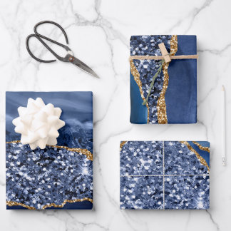 Feuille De Papier Cadeau Agate de Parties scintillant Blue et Gold Faux