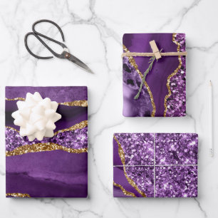 Feuille De Papier Cadeau Agate de Parties scintillant de violet et d'or