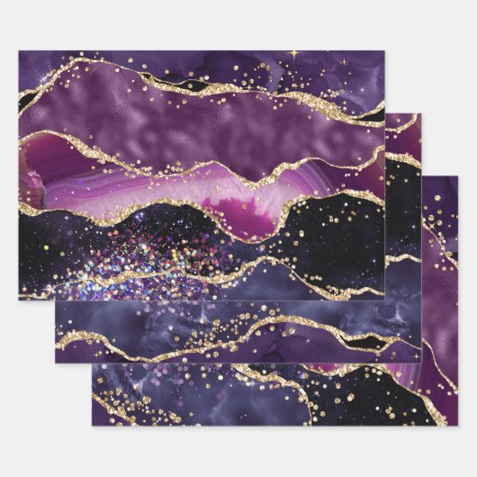 Feuille De Papier Cadeau Agate de Parties scintillant violet et rose et or (Lot)