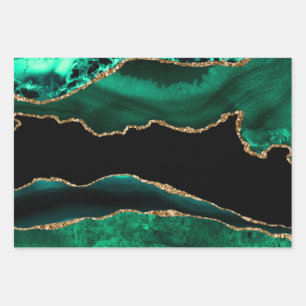 Feuille De Papier Cadeau Agate Faux Pailleté Vert et Or Élégant