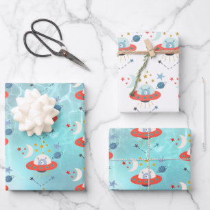 Feuille De Papier Cadeau Alien en vaisseau spatial Motif Garçon Anniversair