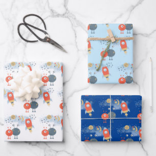 Feuille De Papier Cadeau Aliens Spaceshies Garçon Anniversaire Blanc Bleu