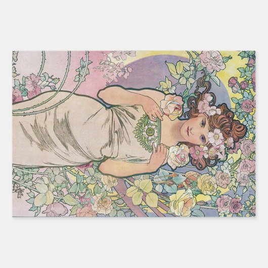 Feuille De Papier Cadeau Alphonse Mucha, Fleurs (Devant)