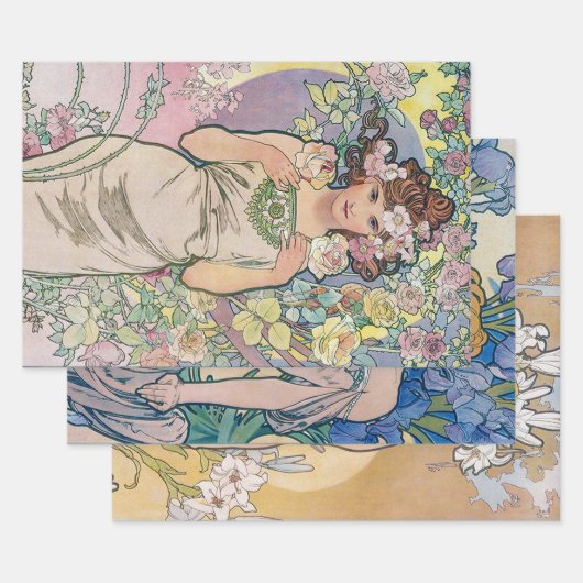 Feuille De Papier Cadeau Alphonse Mucha, Fleurs (Lot)