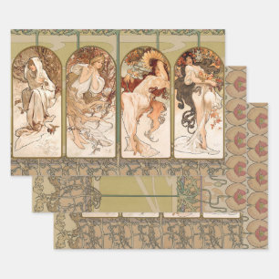 Feuille De Papier Cadeau Alphonse Mucha Quatre Saisons Panneau Art nouveau 