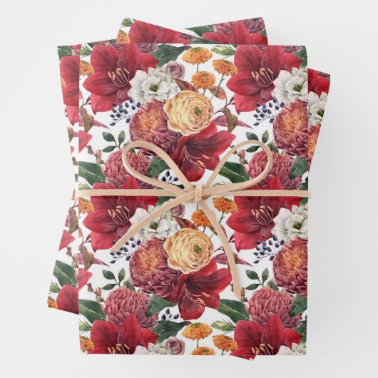 Feuille De Papier Cadeau Amaryllis et Chrysanthèmes Motif floral (En situation)