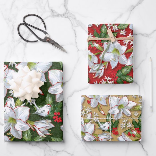 Feuille De Papier Cadeau Amaryllis, Holly & Doves (Recto)