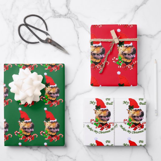 Feuille De Papier Cadeau American Pit Bull Terrier Noël (Recto)