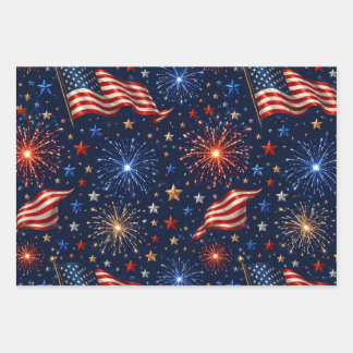 Feuille De Papier Cadeau Amérique 250 Motif de drapeau de feux d'artifice p