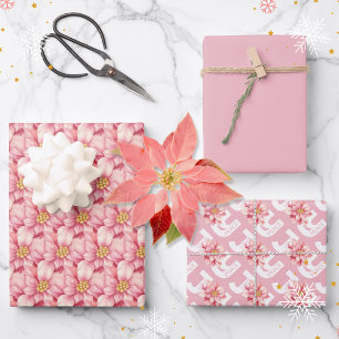 Feuille De Papier Cadeau Amour Paix Joie Rose Poinsettia Noël