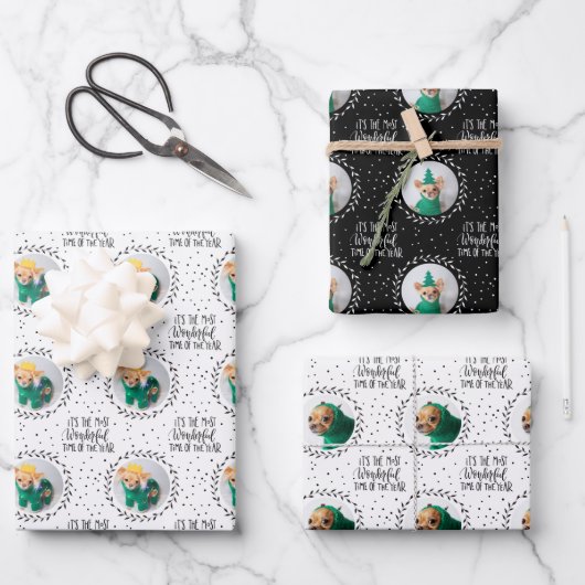 Feuille De Papier Cadeau Amoureux des chiens moderne Trois vacances de Noël (Recto)