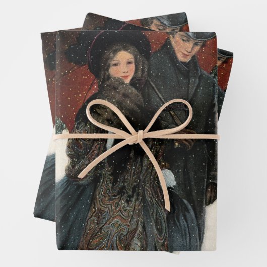 Feuille De Papier Cadeau An elegantly dressed couple,Umbrella,Snow Old Time (En situation)
