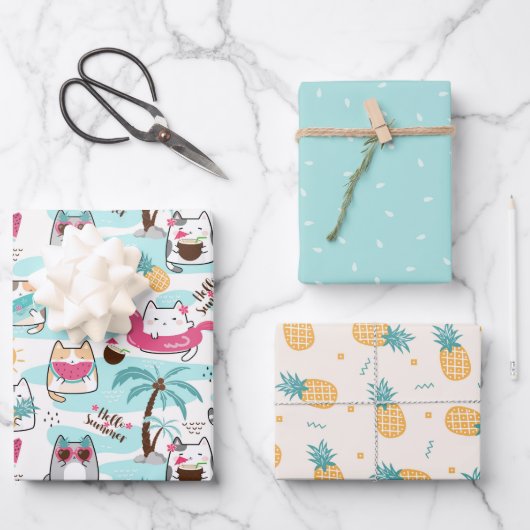 Feuille De Papier Cadeau Ananas au chat en été mignon (Recto)