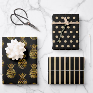 Feuille De Papier Cadeau Ananas dorés pois polka rayures uni