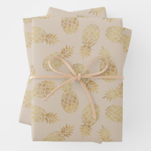 Feuille De Papier Cadeau Ananas en or sur Taupe