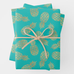 Feuille De Papier Cadeau Ananas en or sur Turquoise
