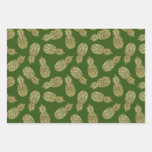 Feuille De Papier Cadeau Ananas en or sur vert (Devant 2)