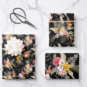 Feuille De Papier Cadeau Ananas Fleurs Tropicales Noir 