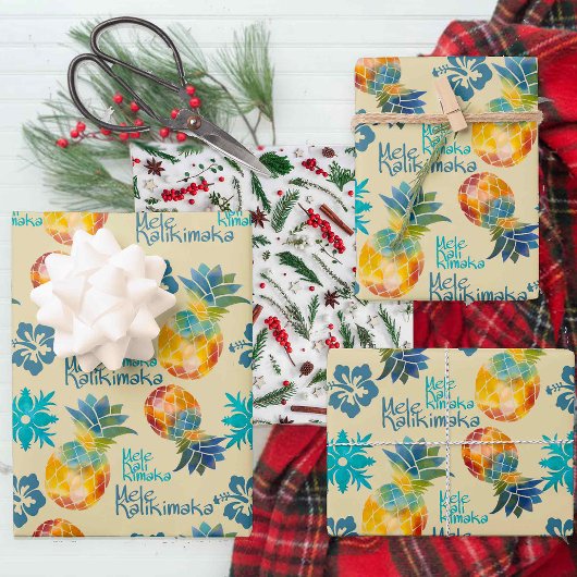 Feuille De Papier Cadeau Ananas hawaïen et Hibiscus Mele Kalikimaka 3