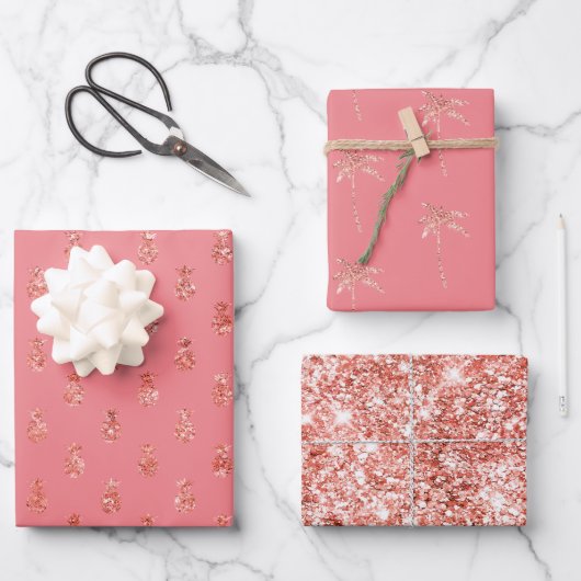 Feuille De Papier Cadeau Ananas rose Gold Tropical Parties scintillant (Recto)