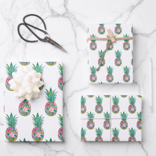 Feuille De Papier Cadeau Ananas tropical rose et vert (Recto)