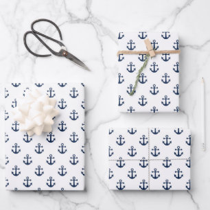Feuille De Papier Cadeau Ancrage bleu marine nautique sur un arrière - pla