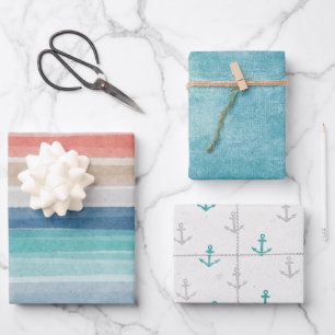 Feuille De Papier Cadeau Ancres de bande d'aquarelle marine