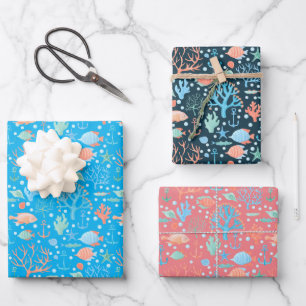Feuille De Papier Cadeau Ange de mer Poisson Ange Corail Ancre Vie marine