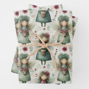 Feuille De Papier Cadeau Ange de Noël vintage fantaisiste et floral 