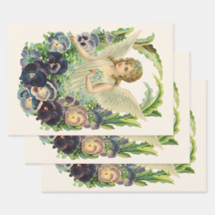 Feuille De Papier Cadeau Ange de Pâques victorien avec fleurs de pensée vio