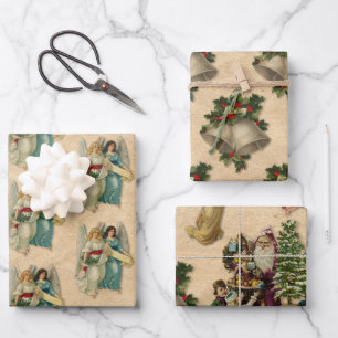 Feuille De Papier Cadeau Anges de Noël Antiques Cloches Parchémin Saint-Nic