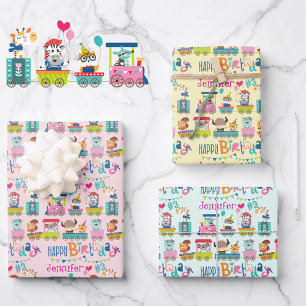 Feuille De Papier Cadeau Animal Train Personnaliser le nom Filles Anniversa