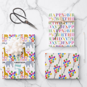 Feuille De Papier Cadeau Animaux de fête colorés Ballons et Joyeux annivers