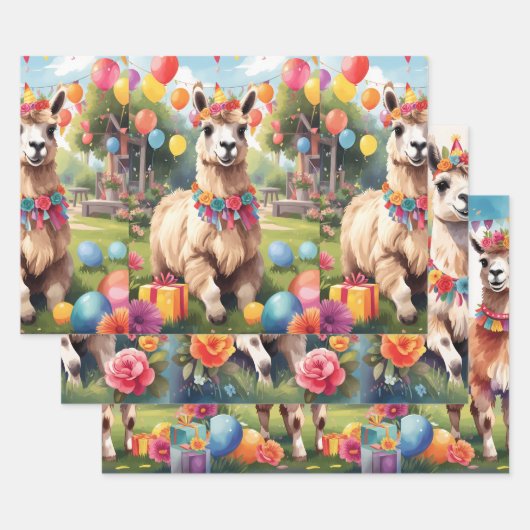 Feuille De Papier Cadeau Animaux de fête : Llamas v1 | (Lot)