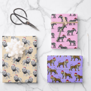 Feuille De Papier Cadeau Animaux de la faune Leopard Lion Zebra Christmas