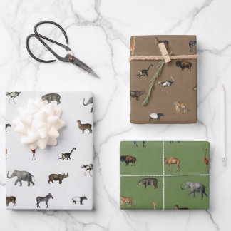 Feuille De Papier Cadeau Animaux de safari jungle motif vert marron gris