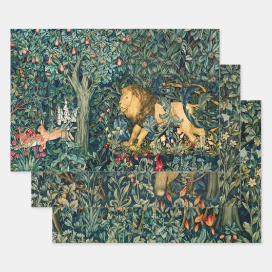 Feuille De Papier Cadeau ANIMAUX FORESTIERS faisan, Fox, Lion, Lièvre, Vert (Lot)