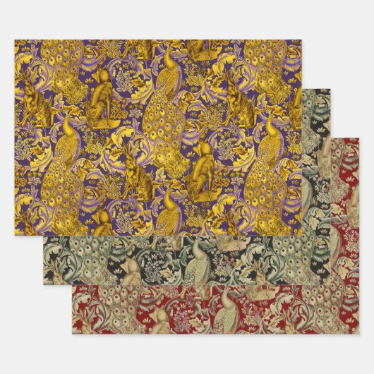 FEUILLE DE PAPIER CADEAU ANIMAUX FORESTIERS, FOX, PEACOCK, HARE, JAUNE ROUG (Lot)