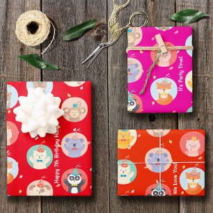 Feuille De Papier Cadeau Animaux mignons en Casquette de fête Enfants Rouge