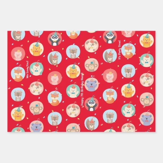 Feuille De Papier Cadeau Animaux mignons en Casquette de fête Enfants Rouge (Devant)