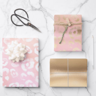 Feuille De Papier Cadeau Anniversaire Animal Imprimé Léopard Rose Poudré Or