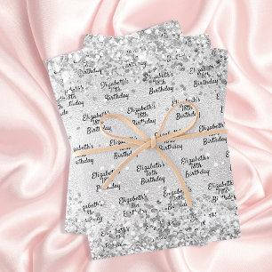 Feuille De Papier Cadeau Anniversaire argent confetti scintillant nom éléga