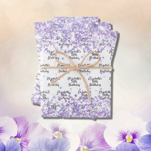 Feuille De Papier Cadeau Anniversaire blanc violet lavande nom de la partie