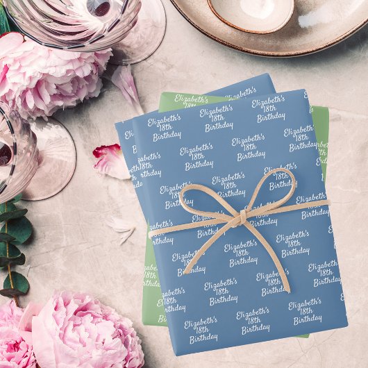 Feuille De Papier Cadeau Anniversaire bleu sauge vert blanc nom