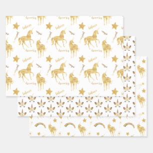 Feuille De Papier Cadeau Anniversaire de la licorne d'or