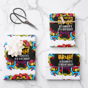 Feuille De Papier Cadeau Anniversaire de style hip hop graffiti néon Bruh