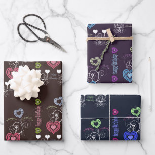 Feuille De Papier Cadeau Anniversaire des Coeurs et de la Flore
